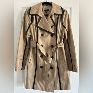 Beige Trench Coat with Faux Leather Trim